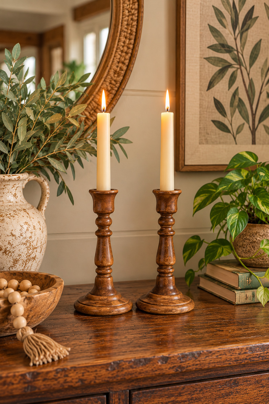 Vintage Pair of Wooden Candle Holders Boho Country Farmhouse Colonial